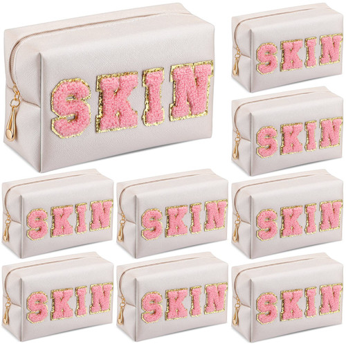 9 Pieces Preppy Patch Makeup Bag Chenille Letters Cosmetic Bag Smile Lightning Heart Pu Leather Portable Waterproof Toiletry Bag Travel Makeup Bag for Women (Gold, Skin)