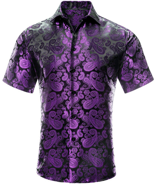 Hi-Tie Solid Men's Purple Black Silk Dress Shirt Woven Paisley Short Sleeve Regular Fit Button Down Shirt for Daily Hawaiian