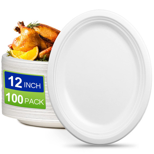 Oval Paper Plates 100 Pack, 12 inch Large Paper Plates, Eco Friendly Disposable Plates, Heavy Duty Paper Plates Dinner, White Paper Plates Bulk for Thanksgiving Christmas