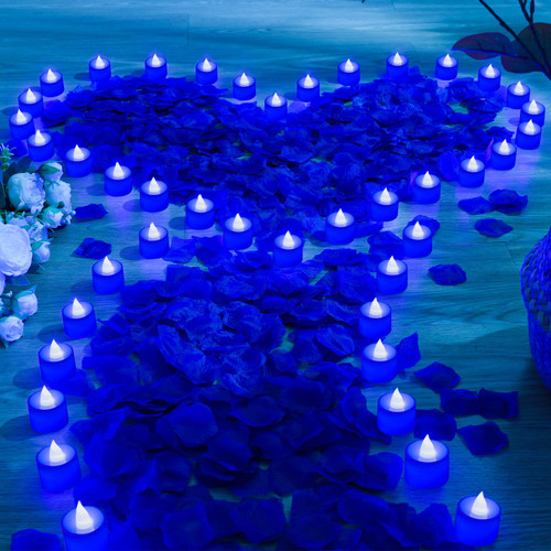 6000 Pcs Artificial Rose Petals with 72 Pcs Flameless LED Candles Romantic Decorations Fake Candles Happy Anniversary Decorations for Romantic Night Valentine's Day Anniversary Wedding Table (Blue)
