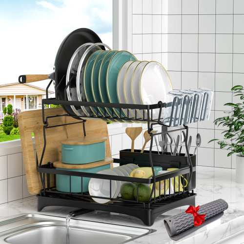 Vasysvi Dish Drying Rack with Drainboard for Kitchen Counter,2 Tier Dish Drainer Set with Utensils Holder Large Capacity Dish Rack with Drying Mat