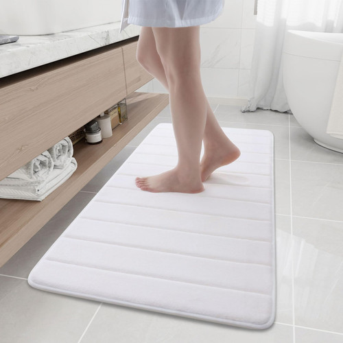 Buganda Memory Foam Bath Mat Rug, 47" x 20", Ultra Soft and Non-Slip Bathroom Rugs, Water Absorbent and Machine Washable Bath Rug Runner for Bathroom, Shower, and Tub, White