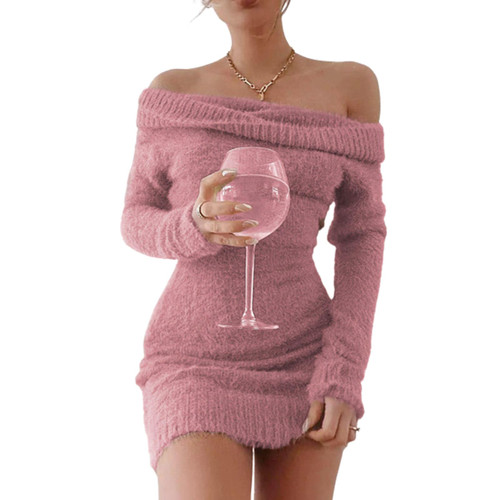 FAIRY SEASON Women's 2023 Fall Winter Off Shoulder Bodycon Knit Sweater Dress Sexy Pullover Party Club Dresses Pink