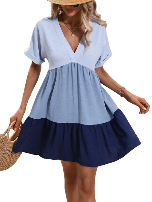 Floerns Women's V Neck Short Sleeve Ruffle Hem Colorblock Swing Shift Mini Dress Blue L