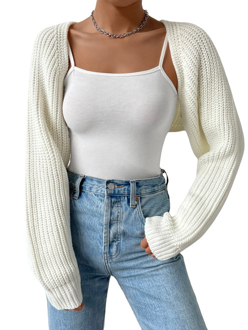 GORGLITTER Women's Long Sleeve Open Front Crop Cardigan Drop Shoulder Knit Shrug Bolero Sweater White Small