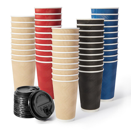 WuTiaoRen [100 Pack] 16 oz Disposable Insulated Hot Coffee Cups with Lids, To Go Coffee Cups for Hot or Cold Drinks, Four Color Rippled Corrugated Paper Cups for Beverages Espresso Tea