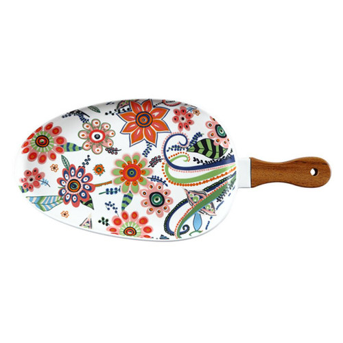 Cabilock Dinner Plates with Handle nique Oval Dinner Plates Flower Pattern Matte Ceramic Baking Dish for Pizza Steak Pasta Salad Serving Trays