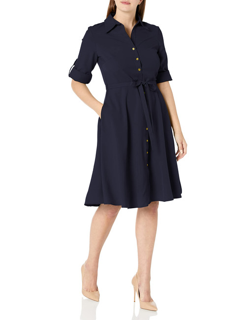 Sharagano Women's Button Front Pleated Shirt Casual Dress, Deep Navy, 12