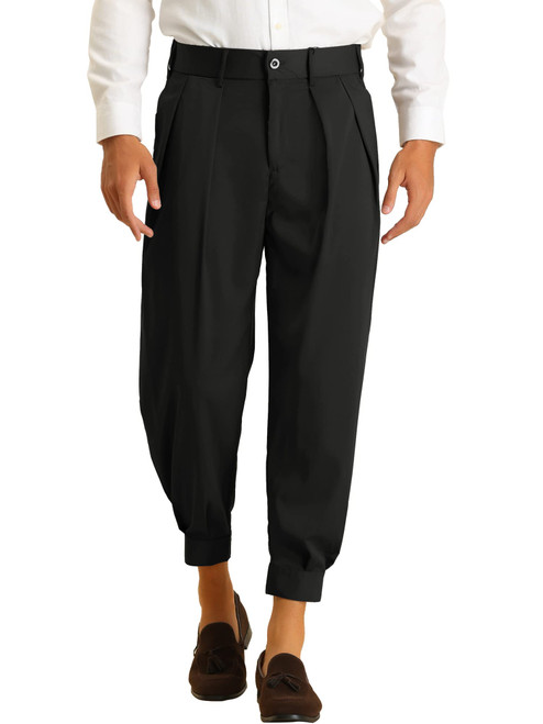 Lars Amadeus Black Cropped Pants for Men's Solid Color Double Pleated Tapered Dress Pants 34 Black