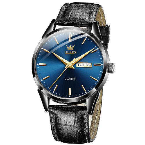 OLEVS Men Watch Leather Analog Quartz Male Dress Week Date Business Classic Luminous Blue Face Black Leather Strap 3ATM Waterproof Wrist Watch Lovers