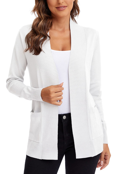 Urban CoCo Women's Lightweight Open Front Knit Cardigan Sweater Long Sleeve with Pocket (White, M)