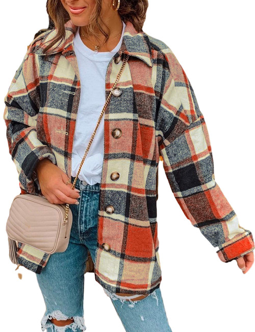 Yeokou Women's Fall Color Block Plaid Flannel Shacket Jacket Button Down Shirt Coat Tops?Orange-M?