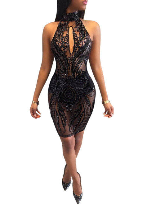 Womens Sexy Halter Floral Sequin See Through Backless Sleeveless Bodycon Club Party Short Mini Dresses Black M