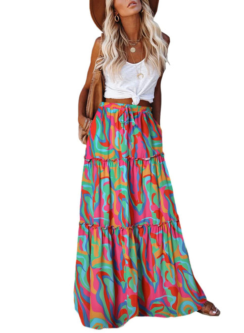 EARKOHA Women's 2023 Summer Casual Boho Long Skirt Elastic High Waist Flowy Beach Maxi Skirt with Pockets Multicolor 2XL