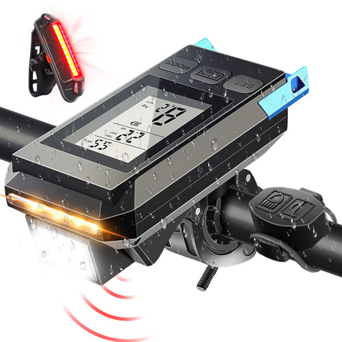 Hrusitoo Bike Lights Front and Back Sets with LCD Display Speedometer and Horn USB Rechargeable Bicycle Computer with Headlight and Taillight Waterproof LED Flashlight and Odometer for Cycling-Blue