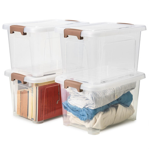EZOWare 17 Quart Plastic Storage Box Tote Bins with Latching Lids, Set of 4 Clear Stackable Storage Container with Top Handle and Wheels - 15.3 x 10.2 x 8.7 inch