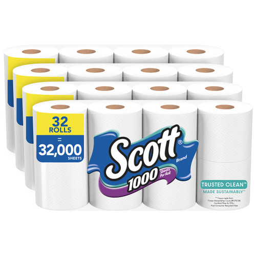 Scott 1000 Trusted Clean Toilet Paper, 32 Regular Rolls, Septic-Safe Toilet Tissue, 1-Ply Rolls