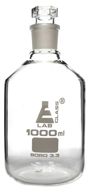EISCO Reagent Bottle, Borosilicate Glass, Narrow Mouth with Interchangeable Hexagonal hollow glass Stopper - 1000ml Labs