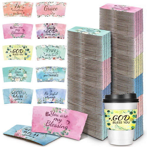 500 Pcs Bible Verse Coffee Sleeves Disposable Paper Coffee Cup Sleeves Flower Cup Sleeves for 12 and 16 oz Corrugated Cup Paper Jacket Hot Chocolate Cocoa Coffee Tea or Cold Beverages