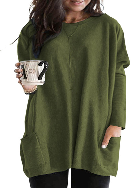 Eytino Womens Plus Size Crewneck Tunic Shirt Casual Long Sleeve Solid Color Sweatshirts Oversized Tops with Pockets,2X Green
