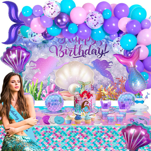 Freechase Mermaid Birthday Party Decorations Pack for Girls, Mermaid Party Supplies, 345PCS Mermaid Balloon Garland Kit, Mermaid Photo Props Decoration, Party Decor for Boys Girl Women -16 Guest