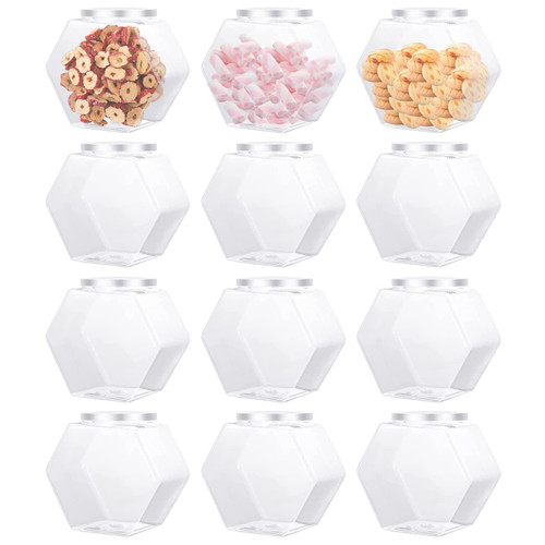 Merkaunis 12PCS Hexagon Plastic Jars Clear Candy Jar Plastic Cookie Jars with Airtight Lids Plastic Jar with Lid Wide Mouth Reusable Containers Bulk Coffee Candy Display for Gifts and Storage (30 oz)