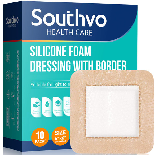 Silicone Foam Dressing 6"x 6"(10 Pack), Gentle Adhesive Border Waterproof Silicone Bandages, High Absorbency Foam Wound Care Dressing for Bed Sore, Leg Ulcer, Foot Diabetic Ulcer