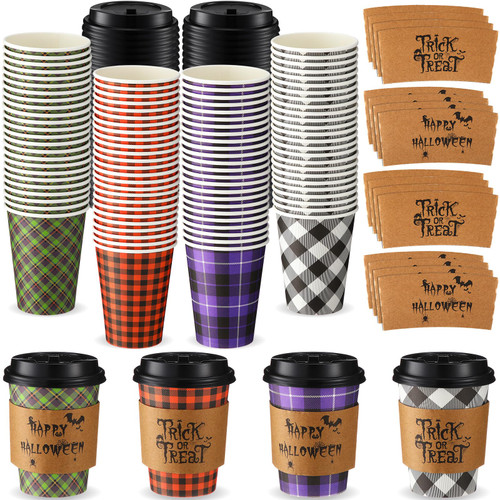 Umigy 100 Pack Halloween Disposable Coffee Cups 12 oz Paper Coffee Cups with Dome Lids and Sleeves Hot Cold Beverage Coffee Juice Drinking Cups for Halloween Party Decoration (Plaid Style)