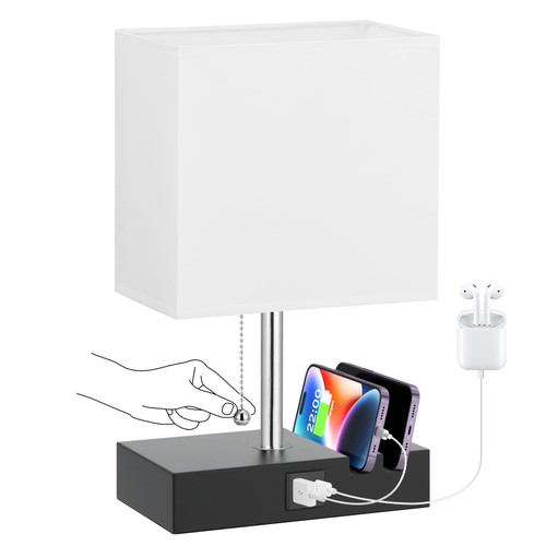 Kakanuo Nightstand Lamp for Bedroom with USB C Ports, Small USB Bedside Table Lamp with 2 USB Charging Ports and Phone Stands, White Desk Lamp for Living Room, LED Bulb Included