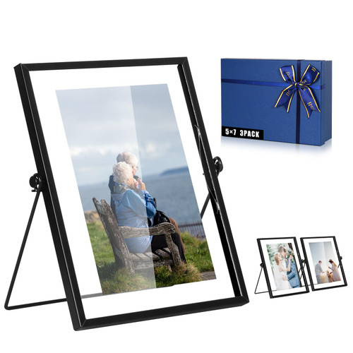 ANDUTEES Set of 3 Floating Picture Frames, 5x7 Black Photo Frame, Metal Desk Picture Frame with Glass for Multiple Photo Sizes (4x6, 5x7, 6x8) Lassy Gift Choice for Home or Wedding Decoration