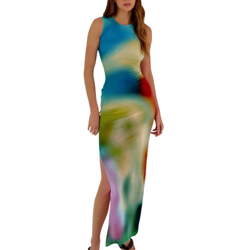 Women's Casual Tie-Dye Bodycon Maxi Dress Sleeveless Tank Wrap Split Beach Party Long Dresses (Blue,S)