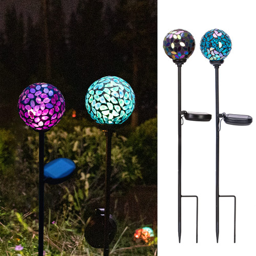 VCUTEKA Solar Garden Decorative Lights Outdoor, Mosaic Solar Light Waterproof LED Pathway Stake Light for Landscape Patio Yard Deck Walkway Decoration, 2 Pack ?Blue&Purple?