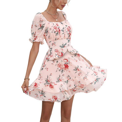 EXLURA Womens Summer Dress Floral Ruffle Tiered Square Neck Sundress Short Sleeve Off Shoulder Smocked Mini Dresses Pink