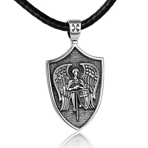 POPKIMI Saint Michael Necklace St Michael Necklace Sterling Silver for Men Women, Archangel Protect Angel Guardian Saint Michael Amulet Shield Protection Pendant Unique Jewelry Gift