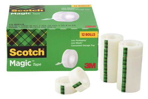 Scotch Magic Tape, 12 Extra Long Rolls, Great for Gift Wrapping, Numerous Applications, Invisible, Engineered for Repairing, 3/4 x 1000 Inches, Boxed (810K-12-CP)