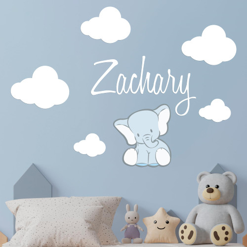 Custom Name Clouds and Elephant Animal Series - Baby Boy - Nursery Wall Decal for Baby Room Decorations - Mural Wall Decal Sticker for Home Children's Bedroom (MM105) (Wide 42" x 30" Height)