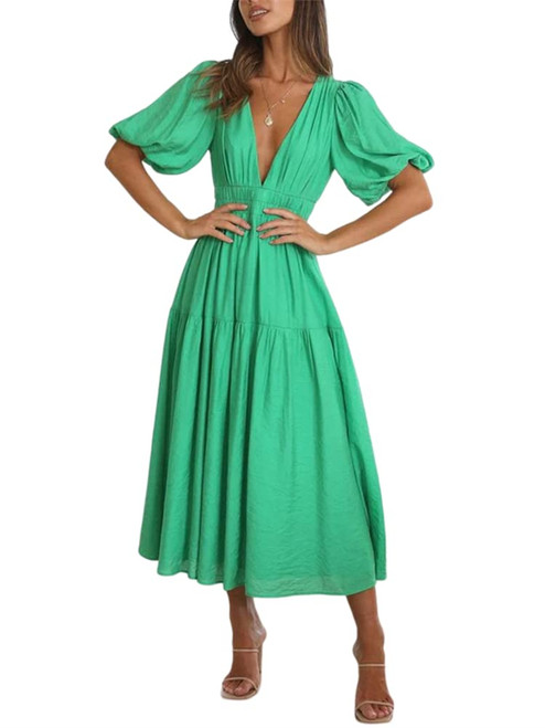 HOULENGS Women's Deep V Neck Puff Short Sleeve Tiered Dress Elastic High Waist Flowy A Line Midi Dresses Green Small