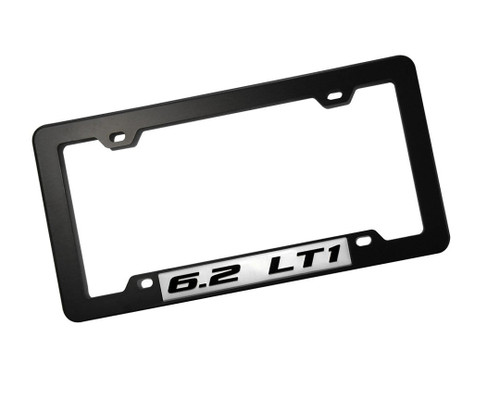 ERPART Black License Plate Tag Frame with 6.2 LT1 Black on Silver Highly Polished Real Aluminum Emblem