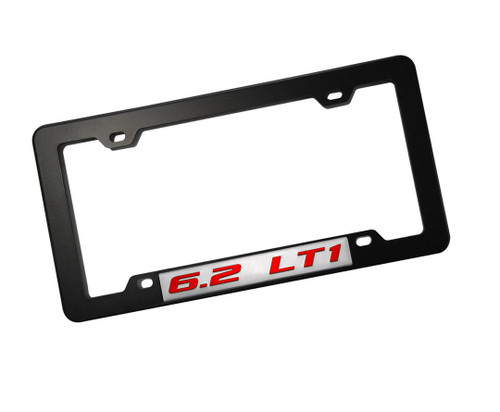 ERPART Black License Plate Tag Frame with 6.2 LT1 RED on Silver Highly Polished Real Aluminum Emblem