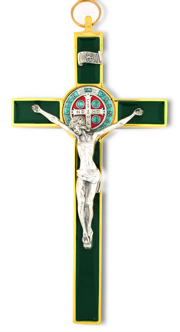 Saint Benedict Wall Crucifix with Colored Enamel (Gold-Green)