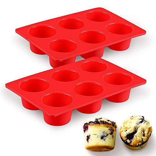 SJ European LFGB Silicone Jumbo Muffin Pan, 6-Cup, Red, 2-Pack Texas Muffin Pans, Non-Stick & BPA Free