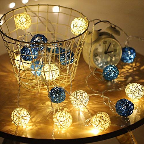 EONLYX Rattan Ball Fairy Lights, Battery Operated - 20 LEDs - 3m/9.8ft Clear Cable - Rattan Ball String Lights for Landscape Patio Christmas Party Wedding Decoration (Warm White+ Blue)