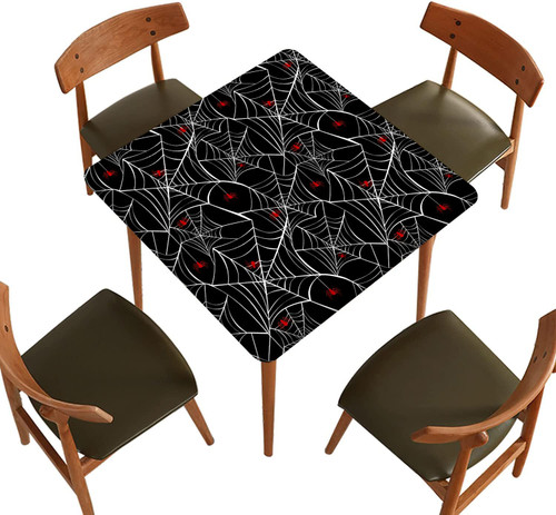SongYi Halloween Fitted Polyester Tablecloth Square, Spider Web Elastic Edge Home Decorative Tablecloths, Waterproof Stain Resistant Table Cover for Family Holiday Party Use, Fits 36" x 36" Table