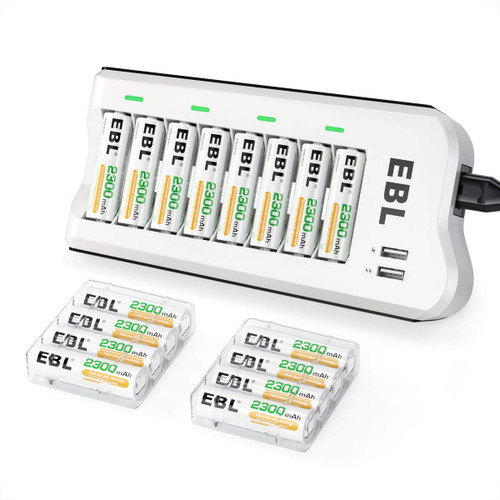 EBL 2300mAh Ni-MH AA Rechargeable Batteries (16 Pack) and 808U Rechargeable AA AAA Battery Charger with 2 USB Charging Ports
