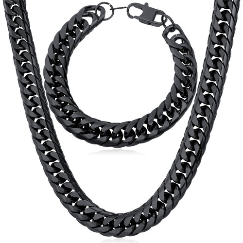 U7 Steel Based Black Gun Plated 12MM Chunky Big Chain For Men Franco Curb Necklace Link Bracelet Set - 22"/8.3"