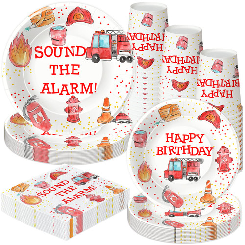 HIPVVILD Fire Truck Birthday Party Supplies - Firetruck Firefighter Birthday Party Decorations Tableware Include 9" Fire Truck Party Plates, 7" Plate, Cups, Napkins, Fireman Party Supplies | Serve 48