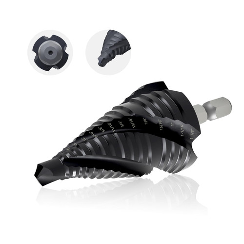 GSTK Pro Max 1/4-1-1/8" Four Spiral Flute Cobalt Step Drill Bit Set, Impact Ready, for Metal, Stainless Steel, Aluminum, Wood, Plastic with 1/4" Hex Shank