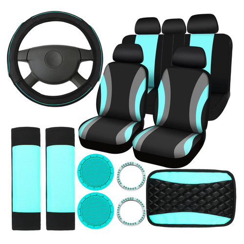 17 Pcs Car Seat Covers Full Set, Steering Wheel Cover Center Console Pad Armrest Cover Seat Safety Belt Pad Seatbelt Covers Cup Mats Car Emblem Ring Sticker Car Accessories Set (Black, Mint)