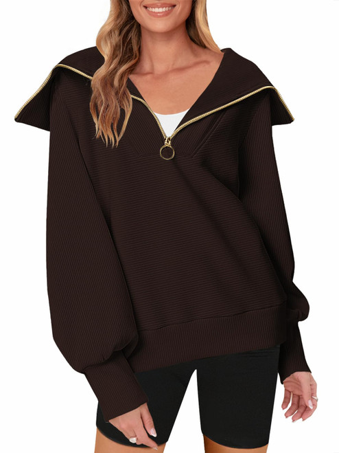 MEROKEETY Sweatshirt for Women Loose 1/4 Zip Long Balloon Sleeves Turndown Collar Workout Activewear,Coffee,L MEROKEETY Sweatshirt for Women Loose 1/4 Zip Long Balloon Sleeves Turndown Collar Workout Activewear,Coffee,L
