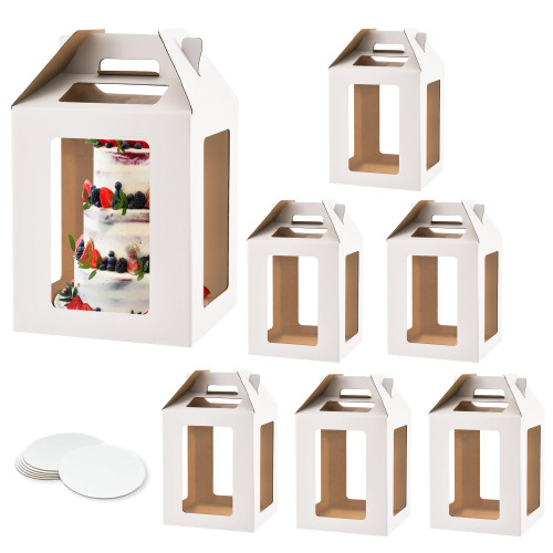 Hzzycaxli 6Pcs Tall Cake boxes with 6 windows and Cake Boards,10x10x12 Inch Large Tiered Cake Box for Wedding Birthday Transport,Durable White Bakery Box Disposable Cake Containers Cake Boxes